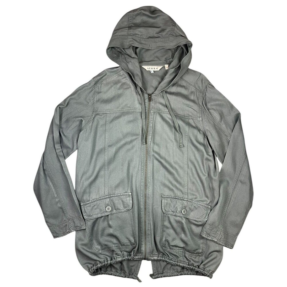 Serra Full Zip Gray Rayon Spring Hooded Cargo Jacket Size L Travel Outdoor